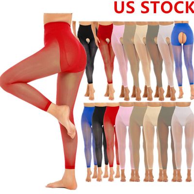 US Women's High Elastic Tights Pantyhose Oil Shiny Toeless Mesh Sheer Stockings